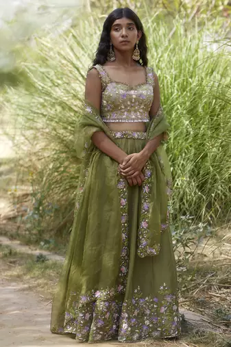 olive organza embroidered Lehenga