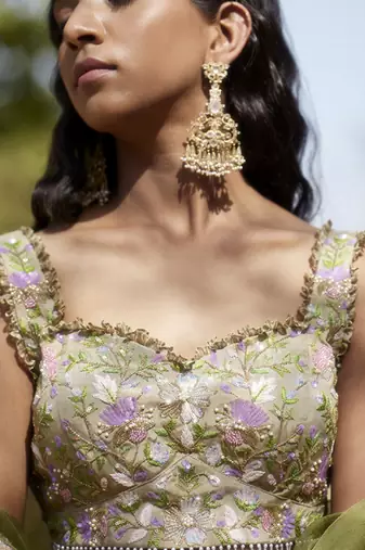 olive organza embroidered Lehenga