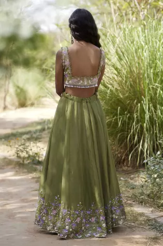 olive organza embroidered Lehenga