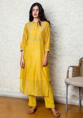 Chanderi embroidered straight mustard camellia kurta Set 1