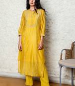 Chanderi embroidered straight mustard camellia kurta Set