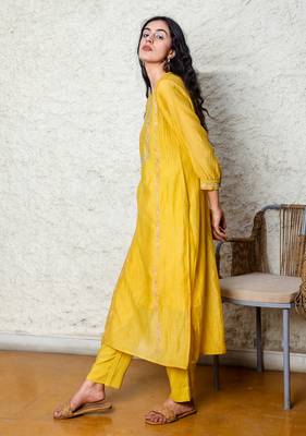 Chanderi embroidered straight mustard camellia kurta Set 2