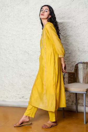 Chanderi embroidered straight mustard camellia kurta Set