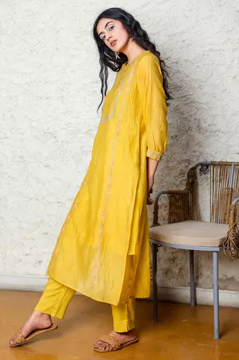 Chanderi embroidered straight mustard camellia kurta Set