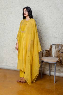 Chanderi embroidered straight mustard camellia kurta Set 4