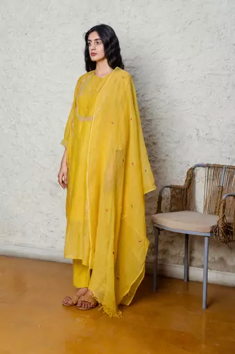 Chanderi embroidered straight mustard camellia kurta Set