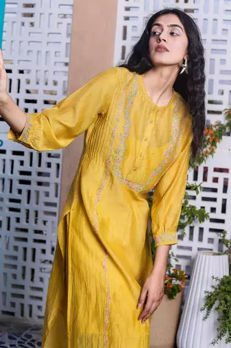 Chanderi embroidered straight mustard camellia kurta Set