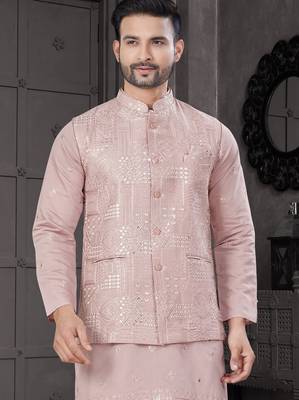 Pink viscose with full embroidery kurta pyjama and sequence work jacket for mens wear 2