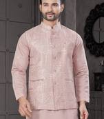 Pink viscose with full embroidery kurta pyjama and sequence work jacket for mens wear