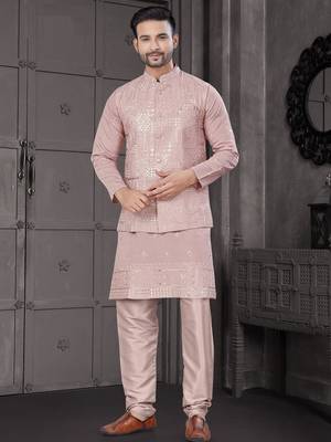Pink viscose with full embroidery kurta pyjama and sequence work jacket for mens wear 3