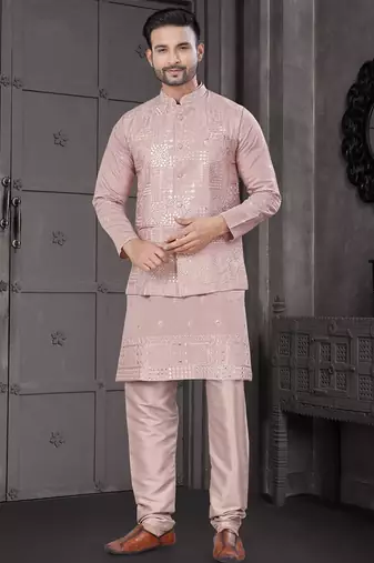 Pink viscose with full embroidery kurta pyjama and sequence work jacket for mens wear