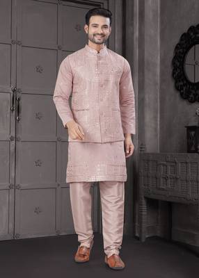 Pink viscose with full embroidery kurta pyjama and sequence work jacket for mens wear 1