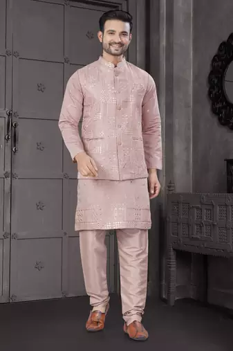 Pink viscose with full embroidery kurta pyjama and sequence work jacket for mens wear