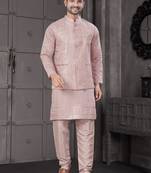 Pink viscose with full embroidery kurta pyjama and sequence work jacket for mens wear