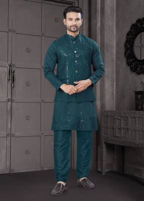 viscose dark green embroidered kurta pyjama and sequence work jacket 1