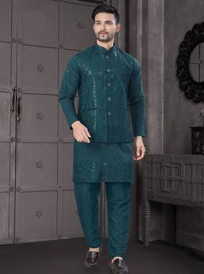 viscose dark green embroidered kurta pyjama and sequence work jacket 2