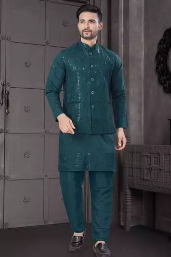 viscose dark green embroidered kurta pyjama and sequence work jacket