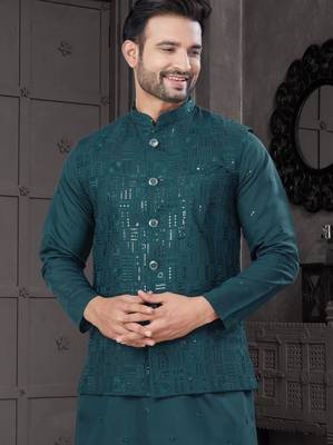 viscose dark green embroidered kurta pyjama and sequence work jacket 3