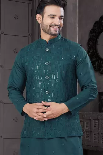 viscose dark green embroidered kurta pyjama and sequence work jacket
