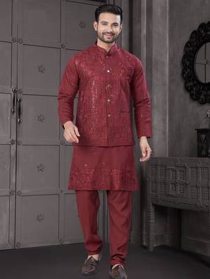 Maroon viscose with full embroidery kurta pyjama and sequence work jacket for mens wear 1