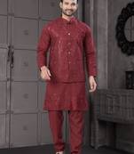 Maroon viscose with full embroidery kurta pyjama and sequence work jacket for mens wear