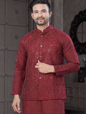 Maroon viscose with full embroidery kurta pyjama and sequence work jacket for mens wear 2