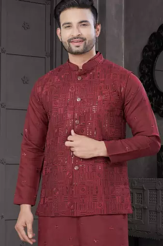 Maroon viscose with full embroidery kurta pyjama and sequence work jacket for mens wear
