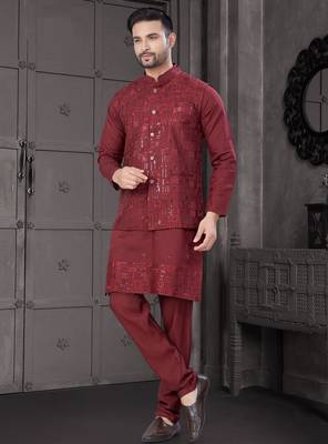 Maroon viscose with full embroidery kurta pyjama and sequence work jacket for mens wear 3