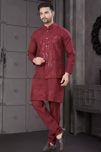 Maroon viscose with full embroidery kurta pyjama and sequence work jacket for mens wear
