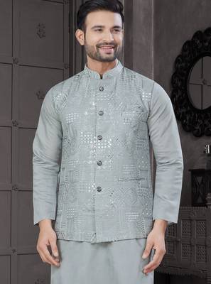 Sky blue viscose with full embroidery kurta pyjama and sequence work jacket for mens wear 2