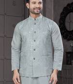Sky blue viscose with full embroidery kurta pyjama and sequence work jacket for mens wear