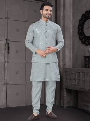 Sky blue viscose with full embroidery kurta pyjama and sequence work jacket for mens wear 3