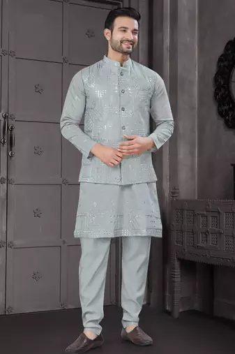 Sky blue viscose with full embroidery kurta pyjama and sequence work jacket for mens wear