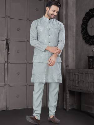 Sky blue viscose with full embroidery kurta pyjama and sequence work jacket for mens wear 1