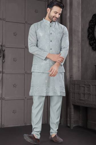 Sky blue viscose with full embroidery kurta pyjama and sequence work jacket for mens wear