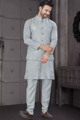Sky blue viscose with full embroidery kurta pyjama and sequence work jacket for mens wear