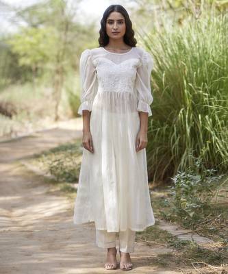 White chanderi plain kurta & pant set 1