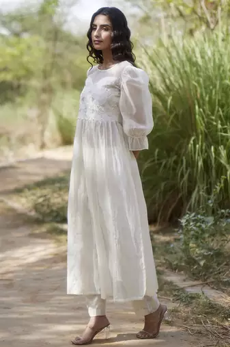 White chanderi plain kurta & pant set