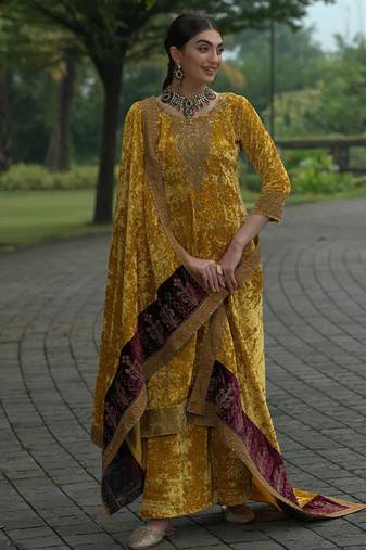 Yellow Designer Velvet Pakistani Suit Set