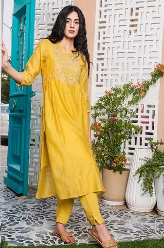 Mustard yoke jaal kurta set