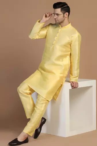 Mens yellow dupion kurta set