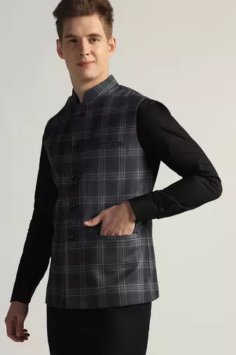 Blue tweed nehru jacket for men