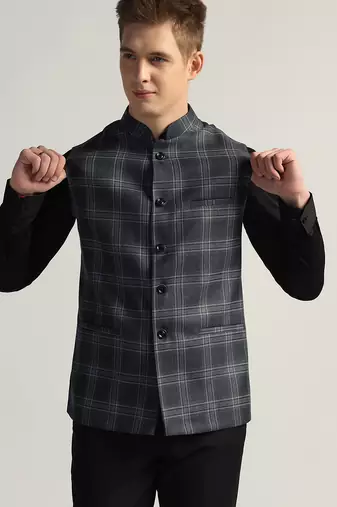 Blue tweed nehru jacket for men