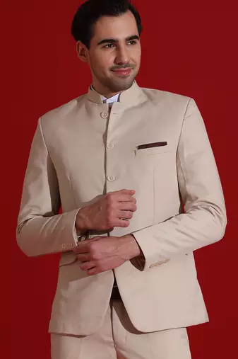 Beige men bandgala blazer and trouser suit set