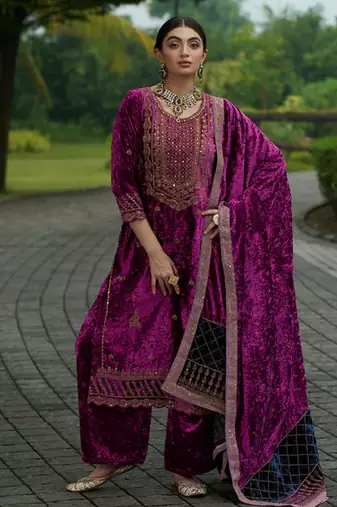 Unstitch Dark Carnation Pink Designer Velvet Pakistani Suit Set
