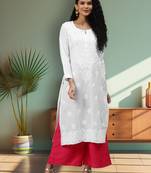 Hand embroidered white cotton lucknowi chikankari straight kurta