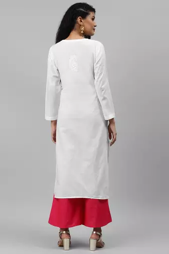 Hand embroidered white cotton lucknowi chikankari straight kurta