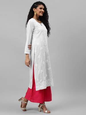 Hand embroidered white cotton lucknowi chikankari straight kurta 3