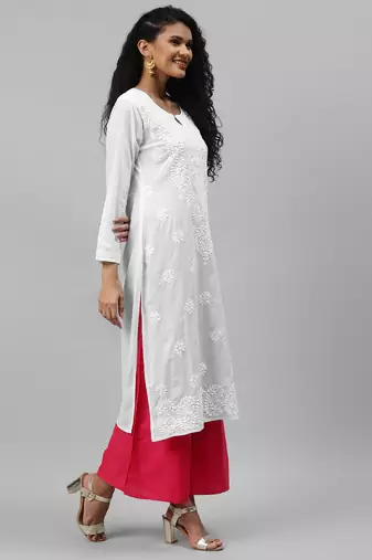 Hand embroidered white cotton lucknowi chikankari straight kurta