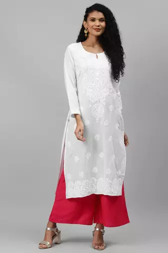 Hand embroidered white cotton lucknowi chikankari straight kurta